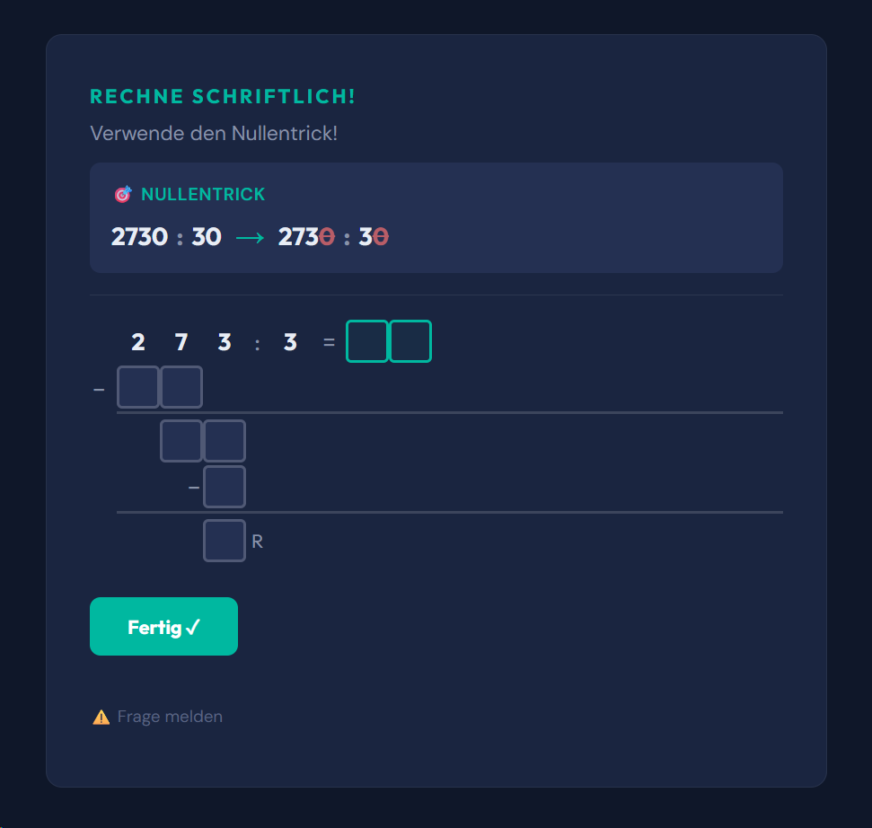 Beispiel-Aufgabe Schriftlich dividieren - durch Zehner (Langform)