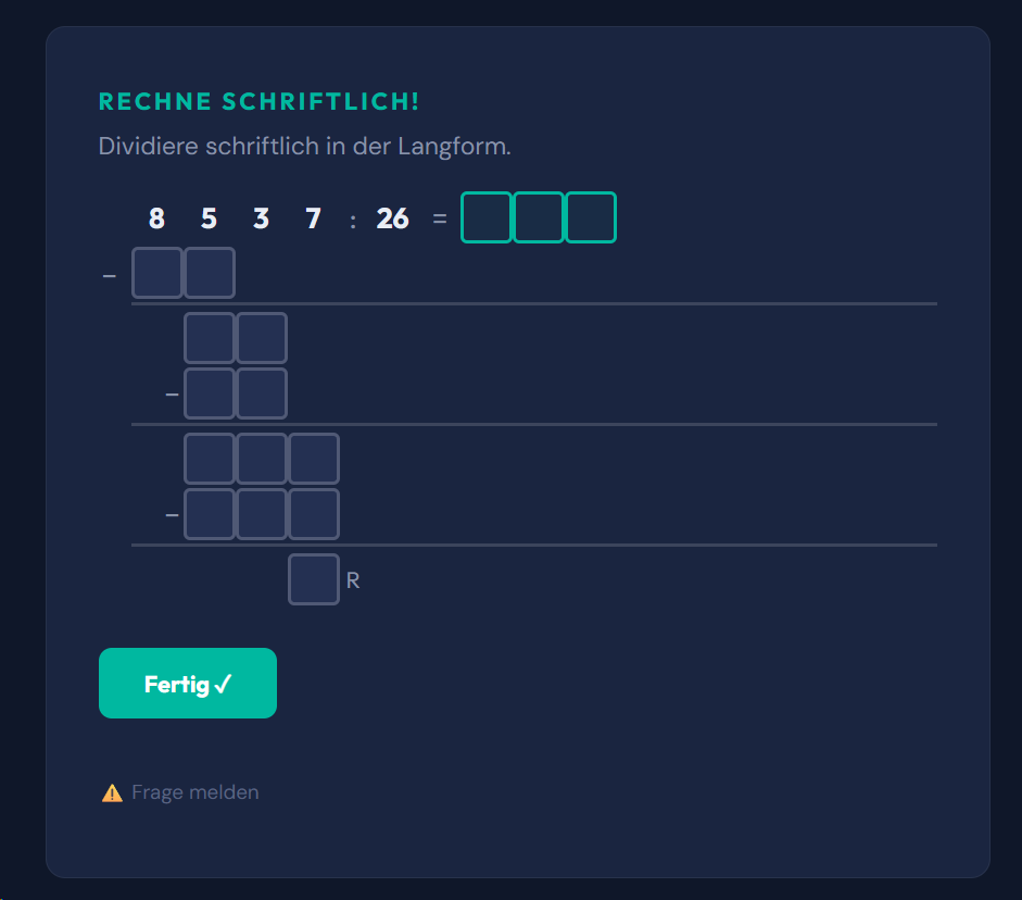 Beispiel-Aufgabe Schriftlich dividieren - durch zweistellige Zahlen (Langform)