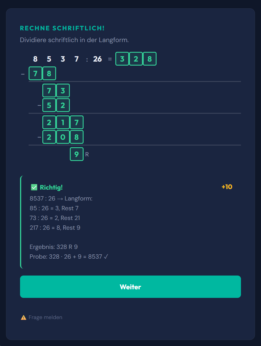 Beispiel-Aufgabe Schriftlich dividieren - durch zweistellige Zahlen (Langform)